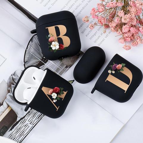 Coque souple mignonne de lettre d'alphabet Initial d'or florale pour AirPods 2 1 couverture mate de boîte d'écouteur sans fil de Bluetooth de Silicone noir ► Photo 1/6