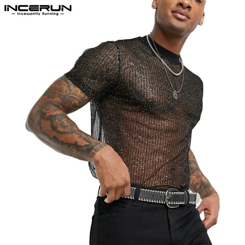 INCERUN 2022 mode hommes maille t-shirt voir à travers manches courtes mince brillant fête discothèque Sexy T-shirts mince respirant Camiseta ► Photo 1/6
