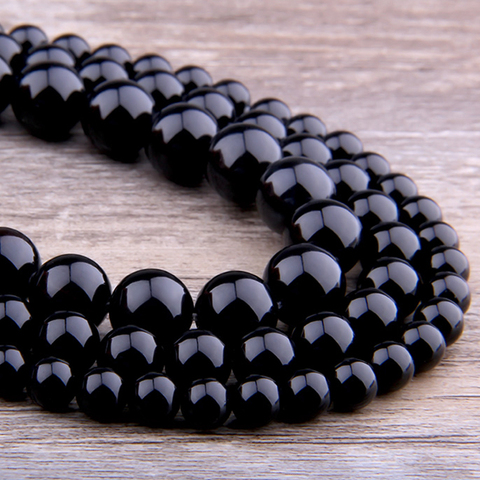 Perles d'agates noires lisses, de haute qualité, rondes, 6, 8, 10 et 12mm, pour la fabrication de bijoux, bricolage ► Photo 1/4