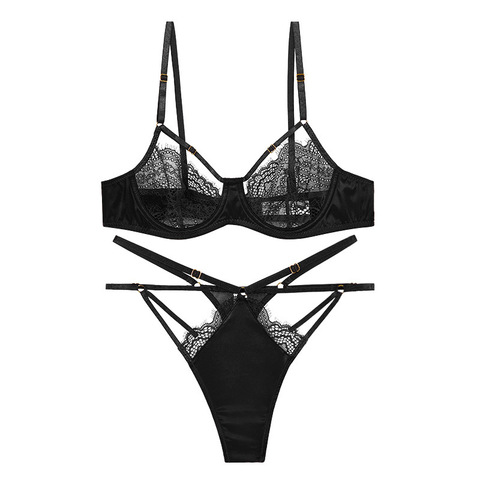 Ensemble Sexy de soutien-gorge et de string en dentelle, sous-vêtements avec pierres, sans doublure, Transparent, ajouré, culotte à bandes, Lingerie pour femmes, nouvelle collection 2022 ► Photo 1/6