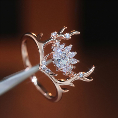 Lorediana – bague de mariage en Zircon translucide et scintillant pour femme, jolie bague en or Rose ornée de bois d'élan ► Photo 1/6