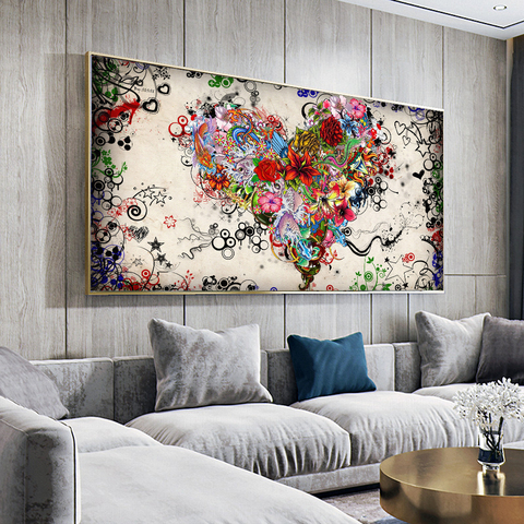 WANGART-toile moderne avec tableau abstrait avec fleurs et cœur colorés, tableau mural coloré ► Photo 1/6