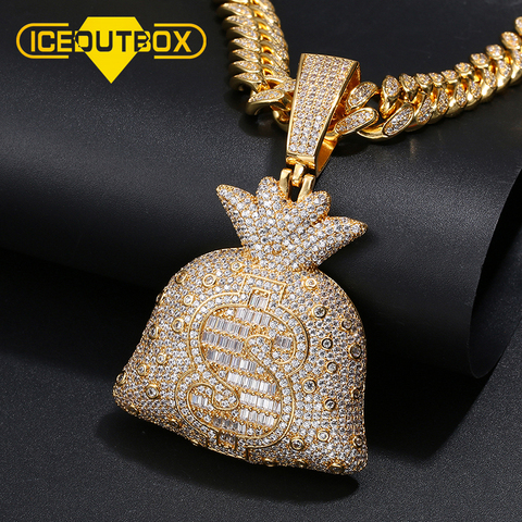 ICEOUTBOX – grand sac d'argent Hip Hop, pendentif, collier glacé, cubique, Zircon, rappeur, bijoux de qualité supérieure, à la mode ► Photo 1/6