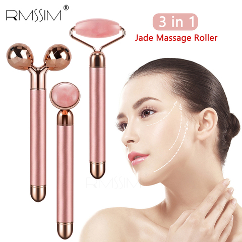 Rouleau de Jade électrique 3 en 1, outil de Massage du visage, amincissant, Lifting, vibrant, Quartz Rose naturel, pierre de beauté du visage ► Photo 1/6