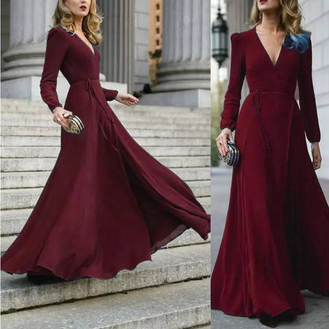 Femmes Sexy formelle robe Maxi col en V à manches longues couleur unie pansement bureau dames soirée fête robe de bal ► Photo 1/6