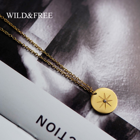 Sauvage et gratuit nouveau acier inoxydable or pendentif collier pour femmes filles Vintage rond disque étoile forme Simple collier bijoux cadeau ► Photo 1/6