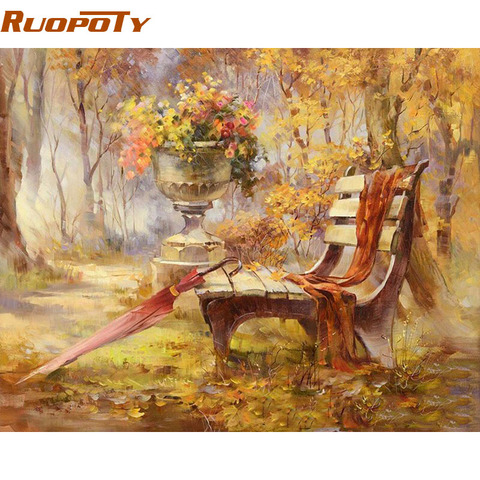 RUOPOTY-chaise de parc avec paysage d'automne, peinture à l'huile peinte à la main avec numéros pour décoration de maison 40x50, peinture à la main ► Photo 1/6