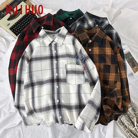 RUIHUO 2022 nouveau printemps à manches longues rouge noir Plaid chemise hommes Slim Fit chemises en coton décontractées hommes vêtements de mode marque M-3XL ► Photo 1/6