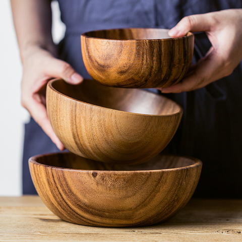 Bol en bois d'acacia naturel, bol à soupe à salade, grand petit bol en bois, bol de service de nourriture, ustensiles de cuisine en bois ► Photo 1/6