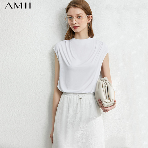 AMII minimalisme printemps été solide plissé femmes Blouse casual Oneck sans manches en vrac femme Blouse hauts 12077467 ► Photo 1/5