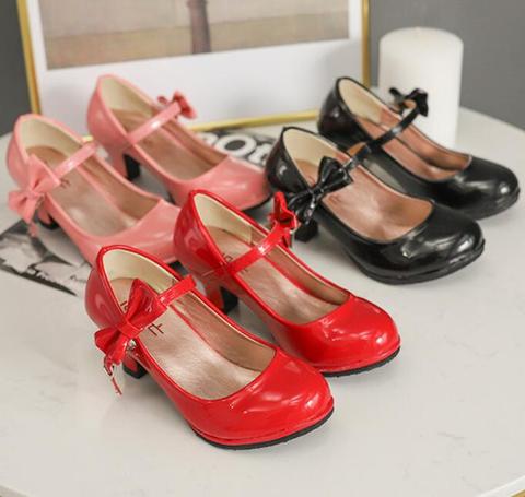 2022 nouvelle offre spéciale princesse en cuir chaussures de danse filles parti bow chaussures brillant solide rouge couleur à talons hauts chaussures de mode pour les enfants ► Photo 1/6