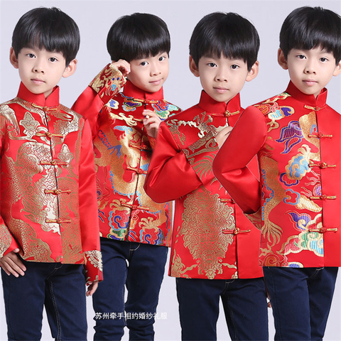 Costume Tang chinois traditionnel rouge, vêtements pour hommes et enfants, haut Hanfu imprimé Dragon, Vintage, Satin Kungfu, scène de fête chinoise ► Photo 1/6