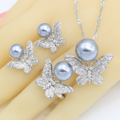 Ensembles de bijoux pour femmes, couleur argent, ensembles de bijoux pour femmes, gris blanc bleu, collier, pendentif, clous d'oreilles, boîte cadeau gratuite ► Photo 1/6