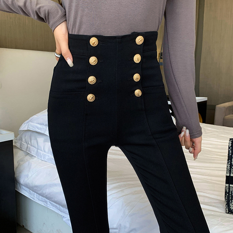 Mode femmes pantalons 2022 automne nouveau haut élastique double boutonnage serré-ajustement taille haute minceur pantalon femmes ► Photo 1/5