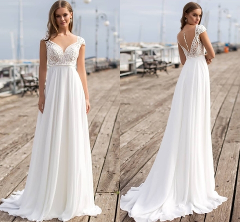 Robe De mariée en mousseline De soie, style Boho, rustique, manches courtes, dos nu, balayage, traîne, bouton, pli doux, pour femmes ► Photo 1/6