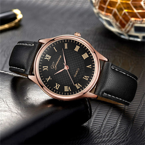 Montre à Quartz noire pour hommes, bracelet en cuir, grand cadran, horloge d'affaires, tendance moderne, livraison directe ► Photo 1/6