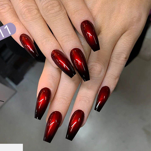 Faux-ongles longs en forme de cercueil, accessoire de manucure, fini rouge, noir, dégradé, Nail Art, autocollants, ballerine, 24 pièces/ensemble ► Photo 1/6