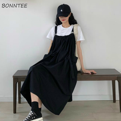 Robe sans manches à bretelles pour femmes, grande taille 2XL, style japonais, Kawaii, décontractée, mode Ulzzang, mi-longue, ligne a, été ► Photo 1/6