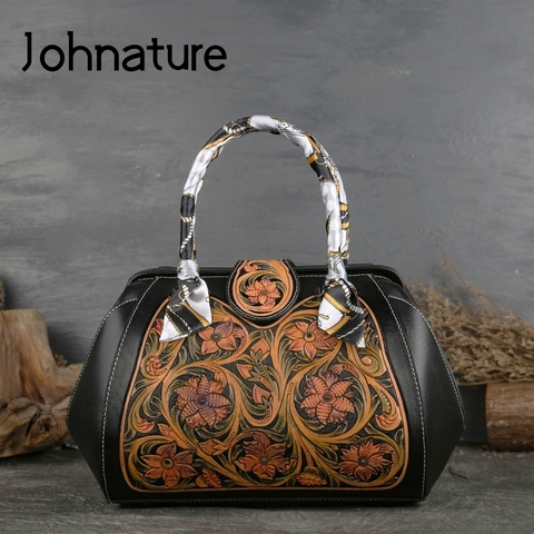 Johnature – sacs à main de luxe pour femmes, fourre-tout rétro de bonne qualité, gaufrage à la main en peau de vache dure, nouvelle collection 2022 ► Photo 1/6