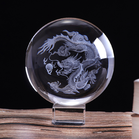 Boule de cristal 3D avec Dragon 6 cm/ 8cm, Figurine Miniature, sphère gravée au Laser, Globe artisanal en cristal avec Base LED, décoration de la maison ► Photo 1/6