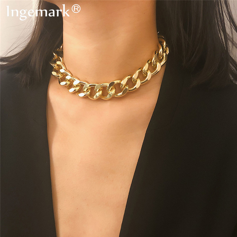 Grand collier style punk pour femme, en aluminium couleur jaune or, grosse gourmette pour le coup, design Hip Hop ► Photo 1/6