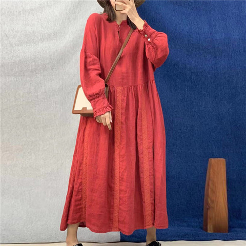 Johnature – robe ample en lin pour femmes, broderie, Vintage, col rond, manches longues, boutons, couleur unie, nouvelle collection automne 2022 ► Photo 1/6