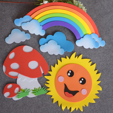 Autocollants muraux nuages arc-en-ciel, soleil et lune, fait à la main, en mousse EVA, jouet éducatif de décoration, pour enfants, bricolage T-N ► Photo 1/6
