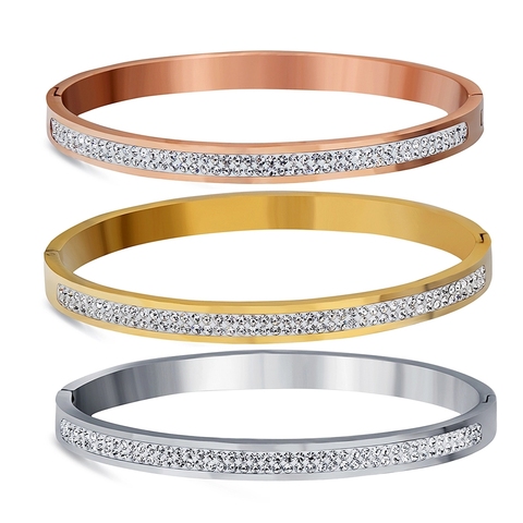 Bracelets en acier inoxydable à deux rangées de strass pour femmes, bijoux à la mode, accessoires, livraison directe ► Photo 1/6