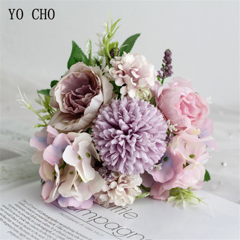 YO CHO grandes Roses hortensia fleurs artificielles pour mariage Bouquet décoration de la maison Rose soie Bouquet faux fleurs tête Plast tige ► Photo 1/6