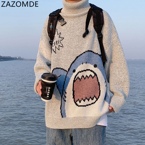 ZAZOMDE hommes col roulé requin chandail hommes 2022 hiver patchwork Harajuku Style coréen col haut surdimensionné gris col roulé pour hommes ► Photo 1/6