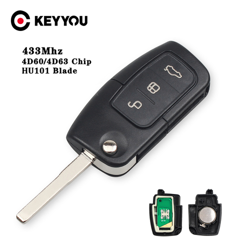 KEYYOU 4D63/4D60 puce voiture clé à distance bricolage 433MHz pour Ford Fusion Focus Mondeo Fiesta Galaxy Uncut HU101 lame véhicule clé rabattable ► Photo 1/6