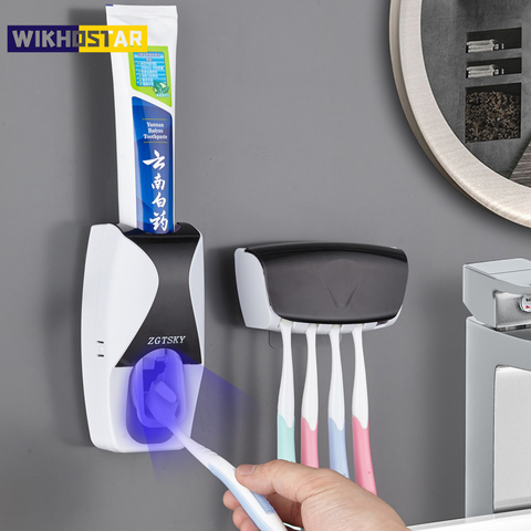 Porte-brosse à dents automatique distributeur de dentifrice ensemble anti-poussière collant aspiration mural dentifrice presse-agrumes pour salle de bain ► Photo 1/6