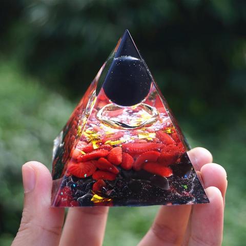 Sphère de cristal d'obsidienne pyramide d'orgonite avec cristal d'obsidienne de corail rouge cristal de guérison d'énergie d'orgone Reiki cristal de guérison ► Photo 1/6