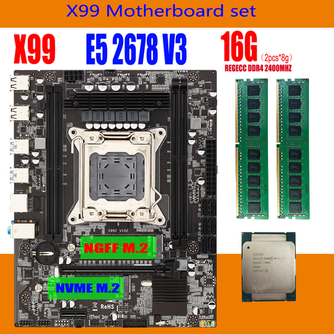 X99 ensemble carte mère avec C612 puce Xeon E5 2678 V3 LGA2011-3 CPU 2 PIÈCES x 8 GO = 16 GO 2400MHz DDR4 mémoire LGA2011-3 carte mère ► Photo 1/6