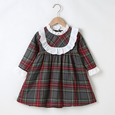 Hiver 2022 nouveautés à manches longues col claudine blanc dentelle rouge vert Plaid mignon robe Vestidos 18M-6T ► Photo 1/6