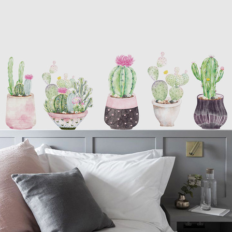 Autocollant mural Cactus en pot, couleur de l'eau, décoration de fond de salon, sparadrap de chambre à coucher, papier peint en PVC ► Photo 1/6