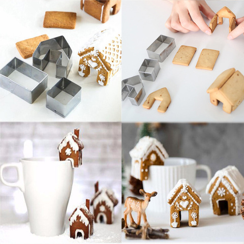 3 pièces de noël emporte-pièce ensemble 3D noël pain d'épice maison forme Fondant Biscuit coupeurs gâteau moule décoration outils de noël ► Photo 1/6