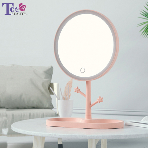 Miroir de maquillage à LED avec lumière dames lampe de maquillage avec rangement bureau miroir rotatif forme ronde miroirs cosmétiques cadeau de noël ► Photo 1/6