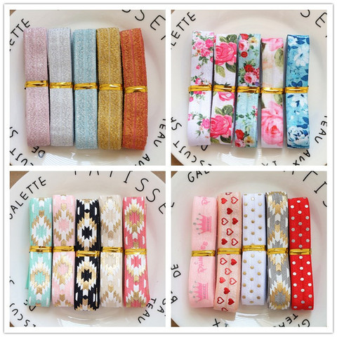 5Yards/ensemble mélange 5 couleurs 16MM largeur imprimé pli sur élastique Foe ruban ruban extensible bricolage artisanat fournitures ► Photo 1/6