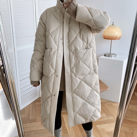 Manteau Long en coton rembourré de Style coréen pour femme, Parka surdimensionnée décontractée à col montant à motif Argyle, nouvelle collection hiver 2022 ► Photo 1/6