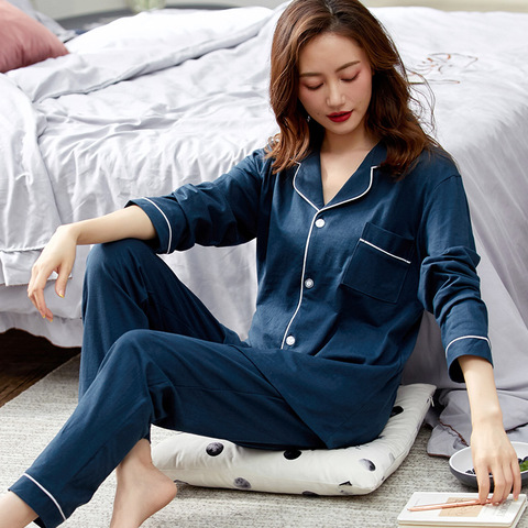 Hiver 100% coton Pyjama pour femmes PJ manches complètes Homewear bleu Pijama Mujer Invierno pur coton vêtements de nuit 2 pièces Pyjama Femme ► Photo 1/6