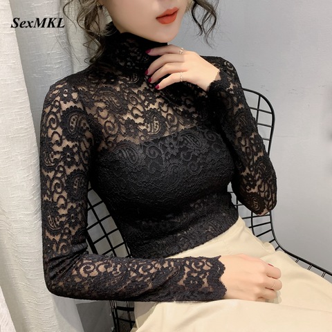 Femmes élégantes dentelle Blouse 2022 Sexy voir à travers dames hauts à manches longues vêtements été Vintage blanc chemise Streetwear Blouses ► Photo 1/6