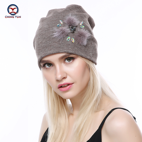 CHINGYUN – chapeau tricoté en cachemire, doux pour l'hiver, chaud, de haute qualité, pour femme, couleur unie, décoration exquise en peluche véritable, nouvelle collection 2022 ► Photo 1/6