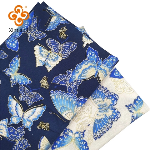 Tissu en coton imprimé Bronze de Style japonais, bleu, tissu à motif de papillon, pour Kimono, accessoires faits à la main, artisanat TJ0451 ► Photo 1/4