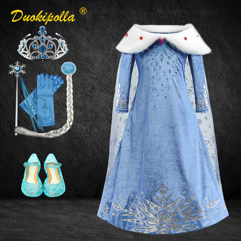 Robe Elsa flocon de neige en velours pour filles, tenue de princesse fantaisie reine des neiges 2 pour enfants, robes de fête en velours côtelé ► Photo 1/6