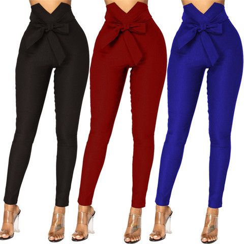 Mode femmes taille haute décontractée pantalons mode dames nœud papillon longue mince pantalon maigre pansement élastique crayon pantalon avec ceintures ► Photo 1/5