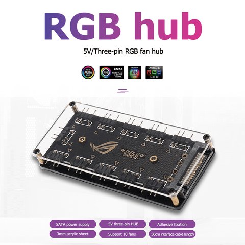 Répartiteur de Hub 5V 3 broches RGB 10, alimentation SATA 3 broches ARGB, câble d'extension pour ASUS AURA SYNC MSI ASRock RGB LED avec étui ► Photo 1/6