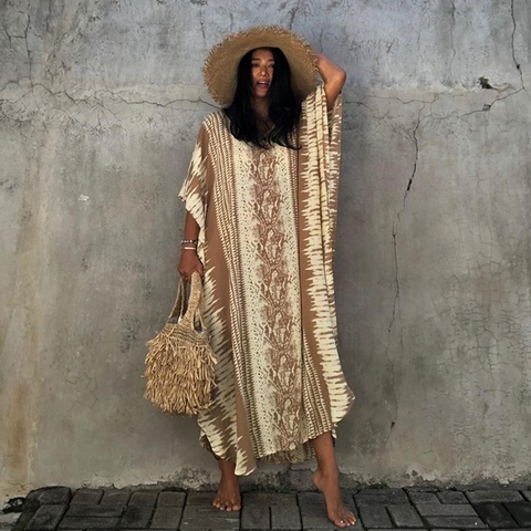 Robe longue Caftan style plage, Maxi, imprimé rayures Serpentine, bohémien marocain, Design rétro à la mode, coton, vêtements pour la maison ► Photo 1/6