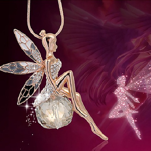 Collier avec pendentif féerique papillon pour femmes, chaîne de pull à la mode, en cristal, ailes d'ange, bijou de fête, breloque collier ► Photo 1/6