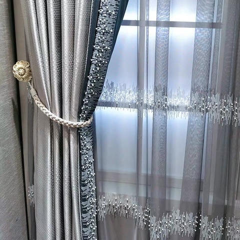 Moderne luxe argent gris rideaux occultants perle dentelle couture haut de gamme rideaux personnalisés pour salon chambre rideaux stores #4 ► Photo 1/6
